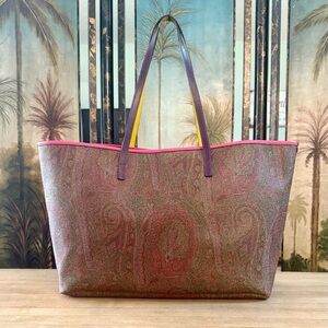 Etro Brown Paisley Multicolored Neon Leather Trimmed Tote Bag
